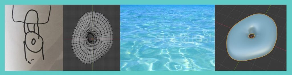 A drawing of a toilet seat and a photograph of water ripples are combined to create unique 3d models in Blender 
