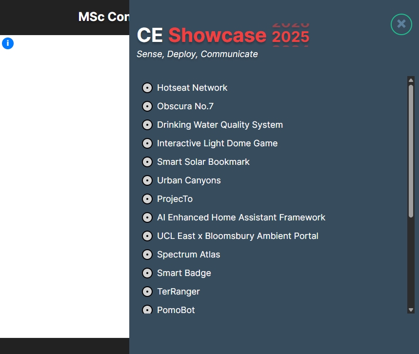 The menu drawer for the Connected Environments dissertation project 2025
